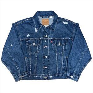 Levi’s Premium 90s Trucker Jacket Dark Wash Distressed Blue Denim Women’s Large